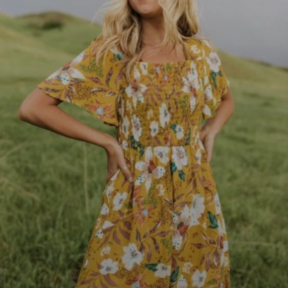 Roolee Dresses & Skirts - Roolee Mustard Honey Floral Smocked Dress